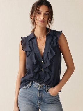 Sunner Navy Ruffle Sleeveless Blouse Sheer Cotton Top Small